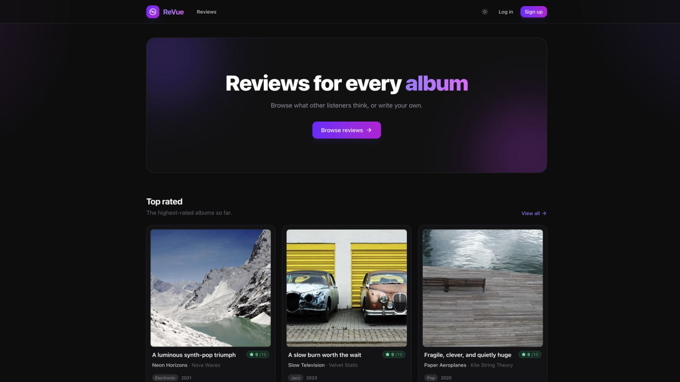 ReVue album review homepage with top-rated albums