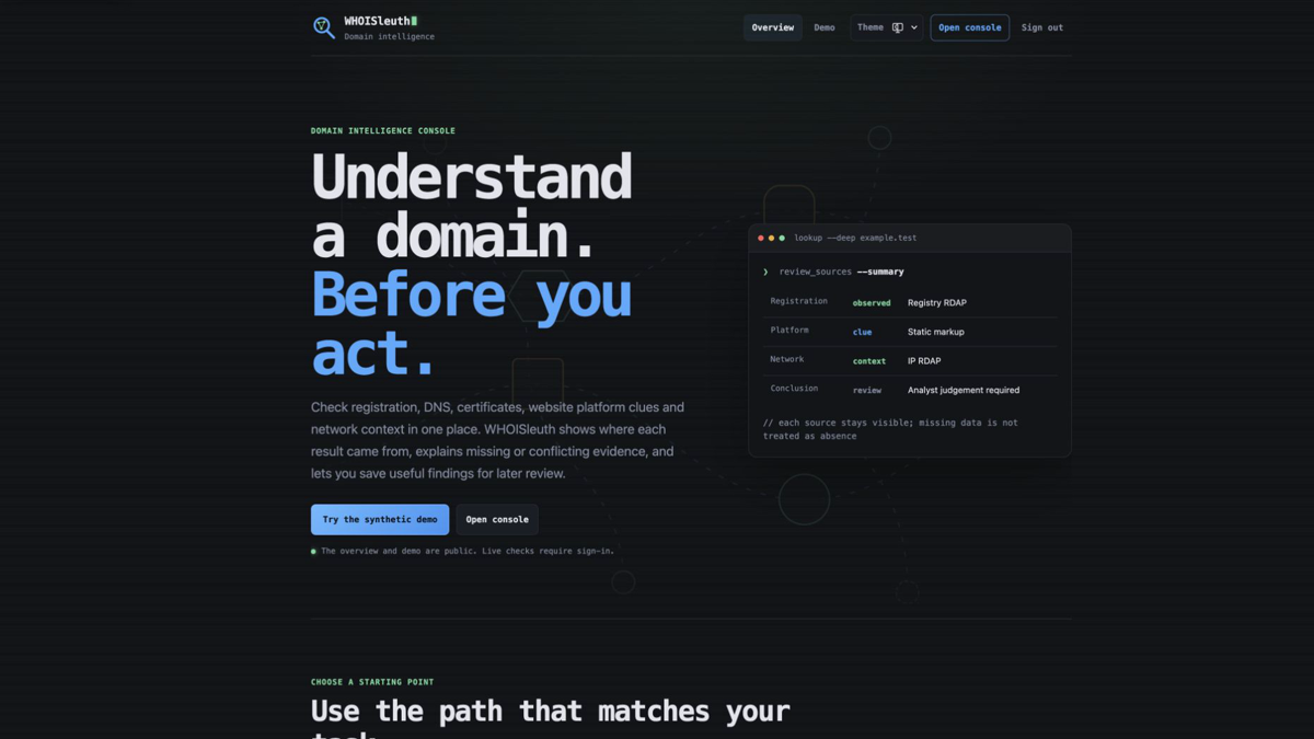 WHOISleuth domain intelligence overview
